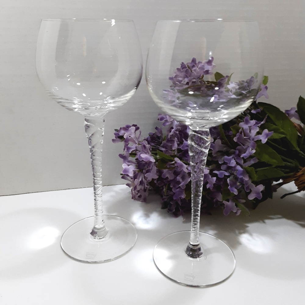 2 Thomas Crystal Holiday White Wine Glasses Tall Fancy Goblets Twisted Stem